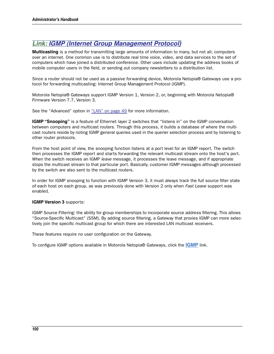 Link: igmp (internet group management protocol), Igmp (internet group management protocol) | Motorola Netopia 3342N User Manual | Page 100 / 368