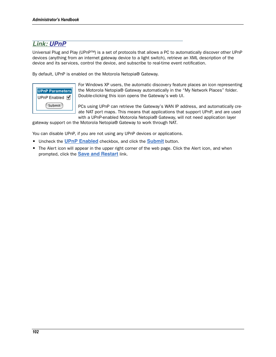 Link: upnp, Upnp | Motorola Netopia 3342N User Manual | Page 102 / 368