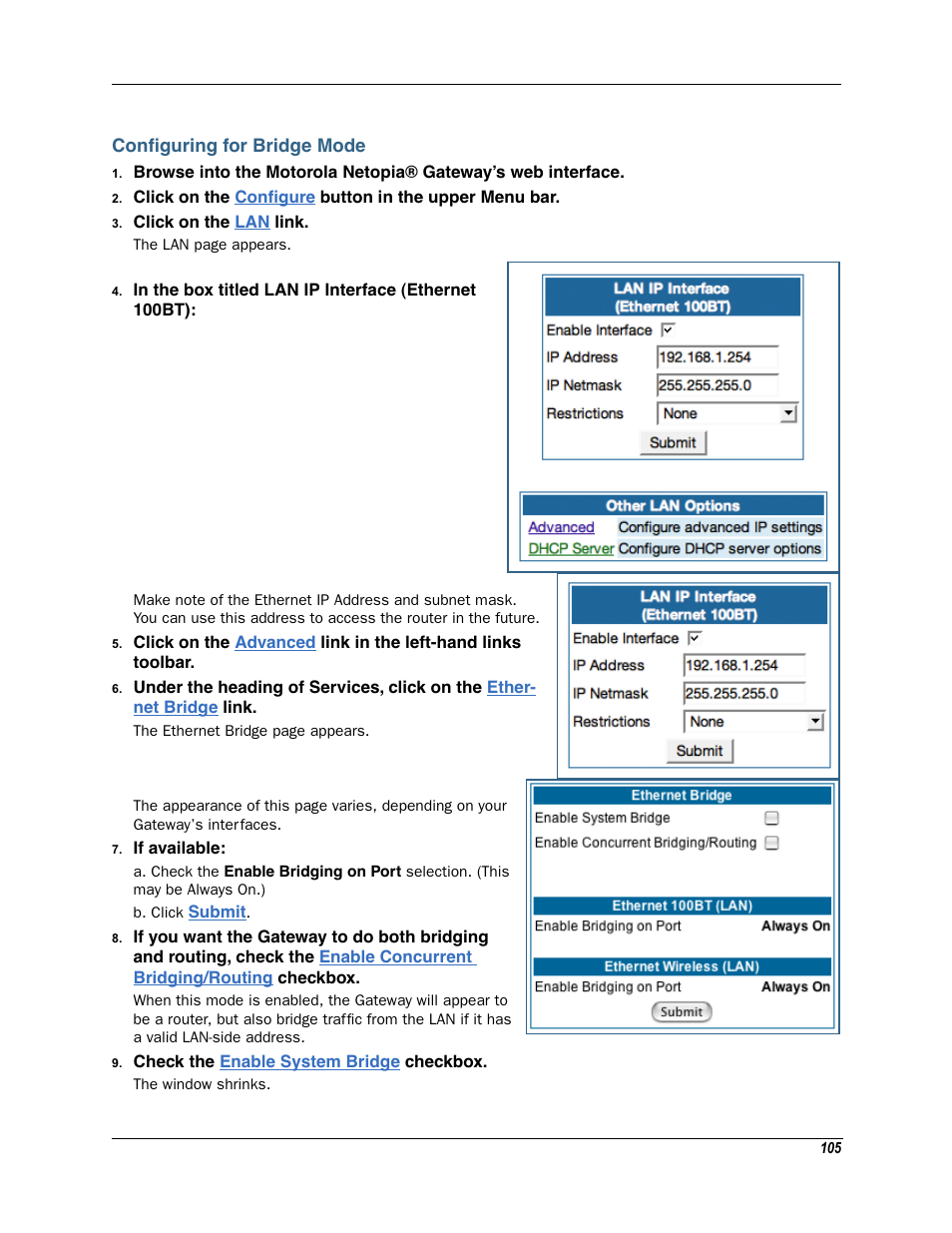 Configuring for bridge mode | Motorola Netopia 3342N User Manual | Page 105 / 368