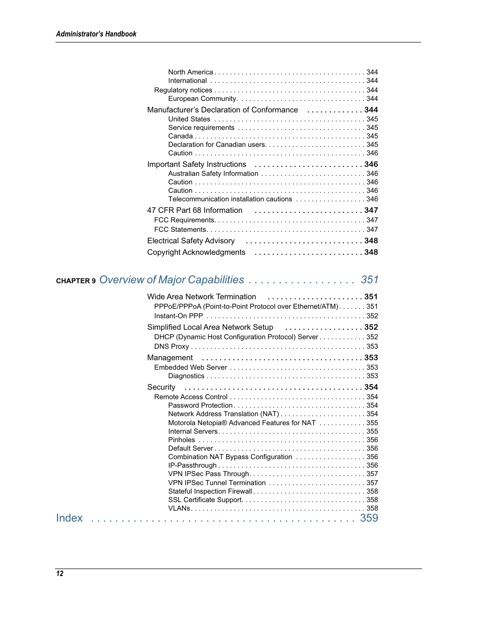 Overview of major capabilities, Index | Motorola Netopia 3342N User Manual | Page 12 / 368