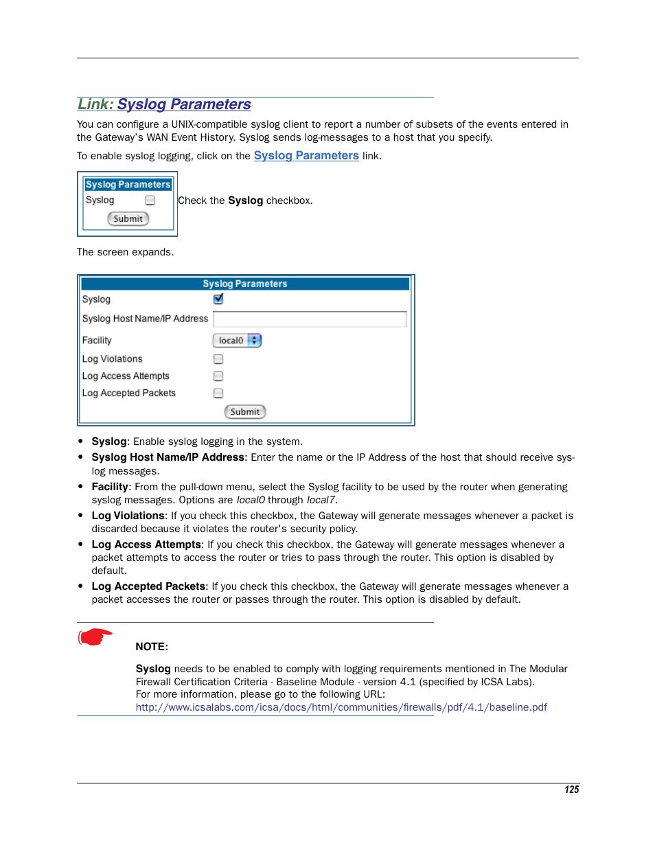 Link: syslog parameters, Syslog parameters | Motorola Netopia 3342N User Manual | Page 125 / 368