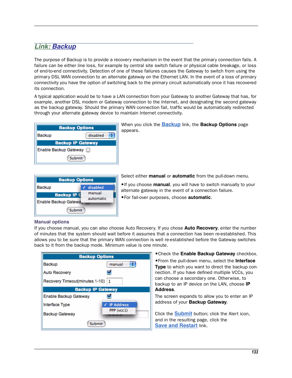 Link: backup, Backup, Manual options | T. see | Motorola Netopia 3342N User Manual | Page 133 / 368