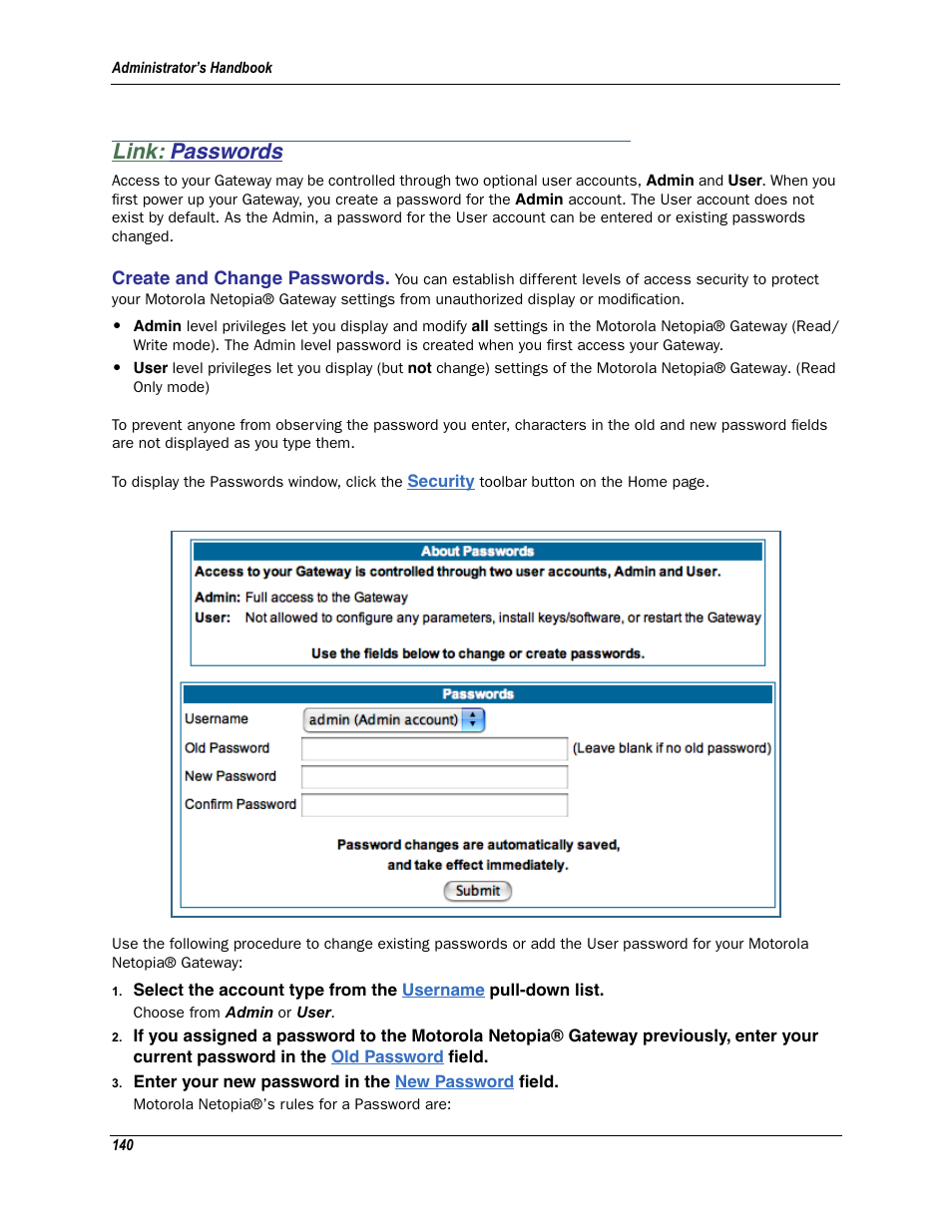 Link: passwords, Passwords, Create and change passwords | Motorola Netopia 3342N User Manual | Page 140 / 368