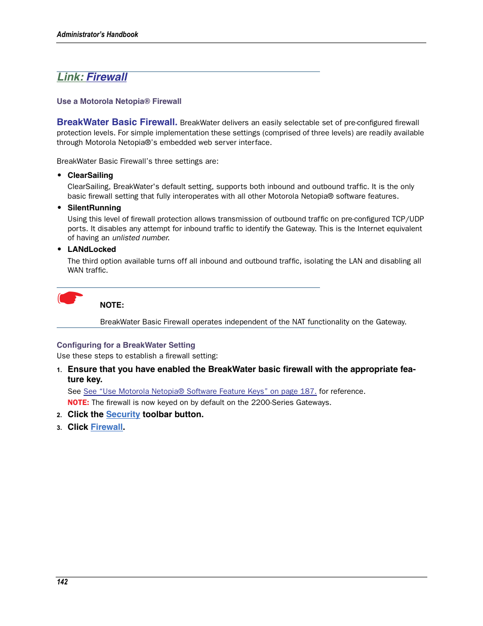 Link: firewall, Firewall, Tions: bonded and vdsl2, 3341, and 3387wg.) see | Motorola Netopia 3342N User Manual | Page 142 / 368