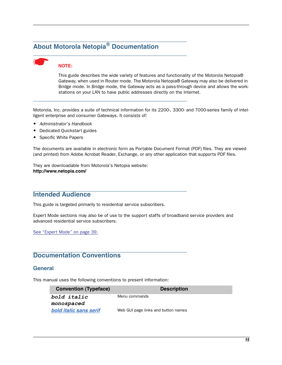 About motorola netopia® documentation, Intended audience, Documentation conventions | General | Motorola Netopia 3342N User Manual | Page 15 / 368