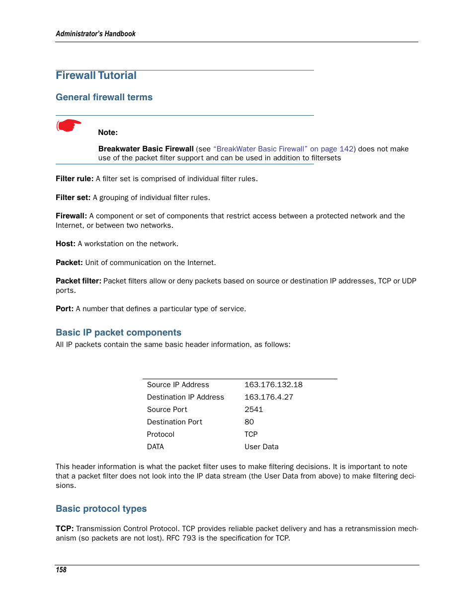 Firewall tutorial, General firewall terms, Basic ip packet components | Basic protocol types | Motorola Netopia 3342N User Manual | Page 158 / 368
