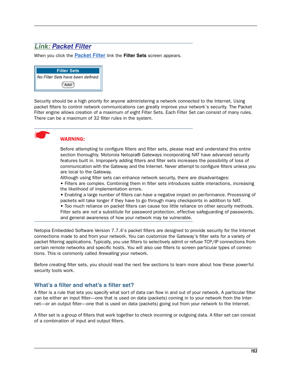 Link: packet filter, What’s a filter and what’s a filter set, Packet filter | Motorola Netopia 3342N User Manual | Page 163 / 368