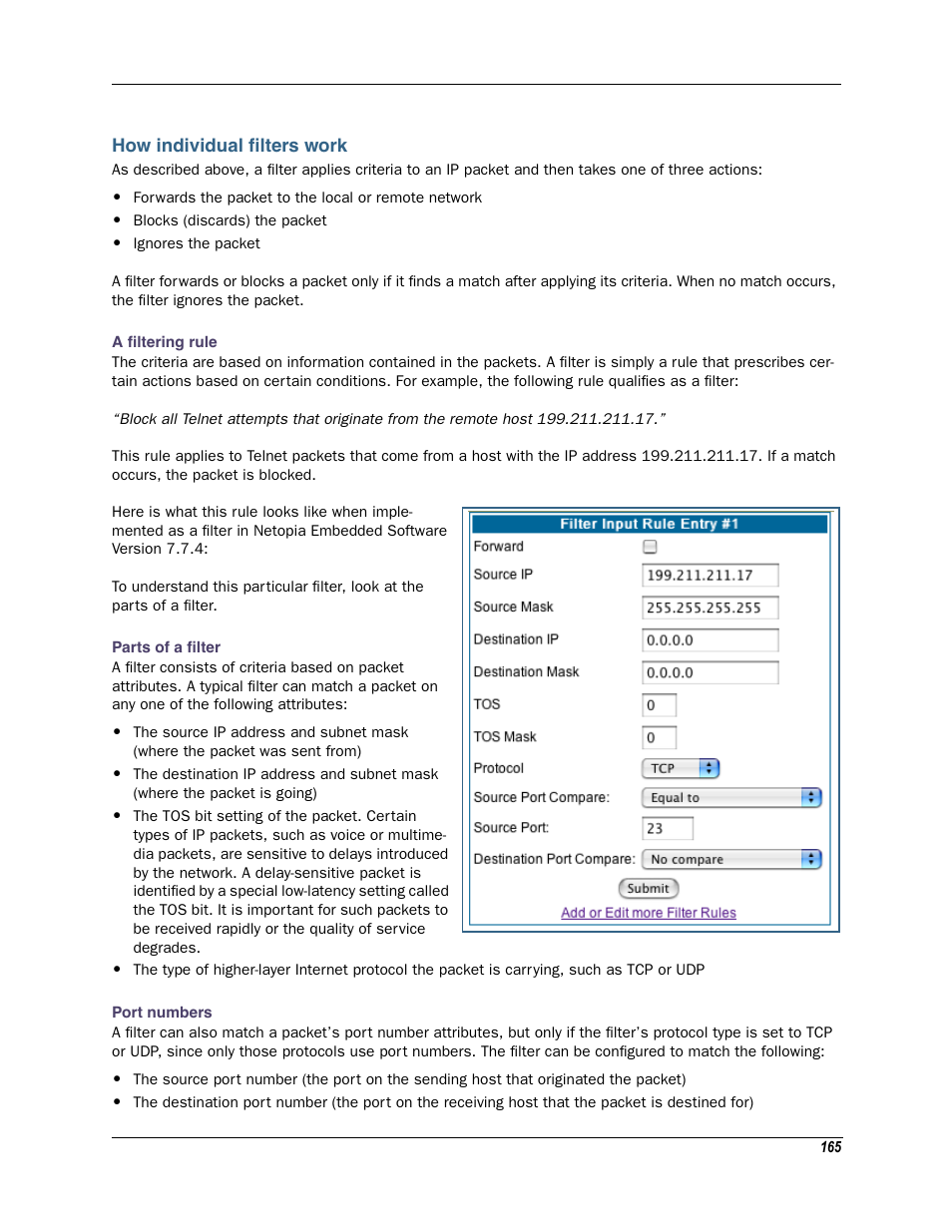 How individual filters work, A filtering rule parts of a filter port numbers | Motorola Netopia 3342N User Manual | Page 165 / 368