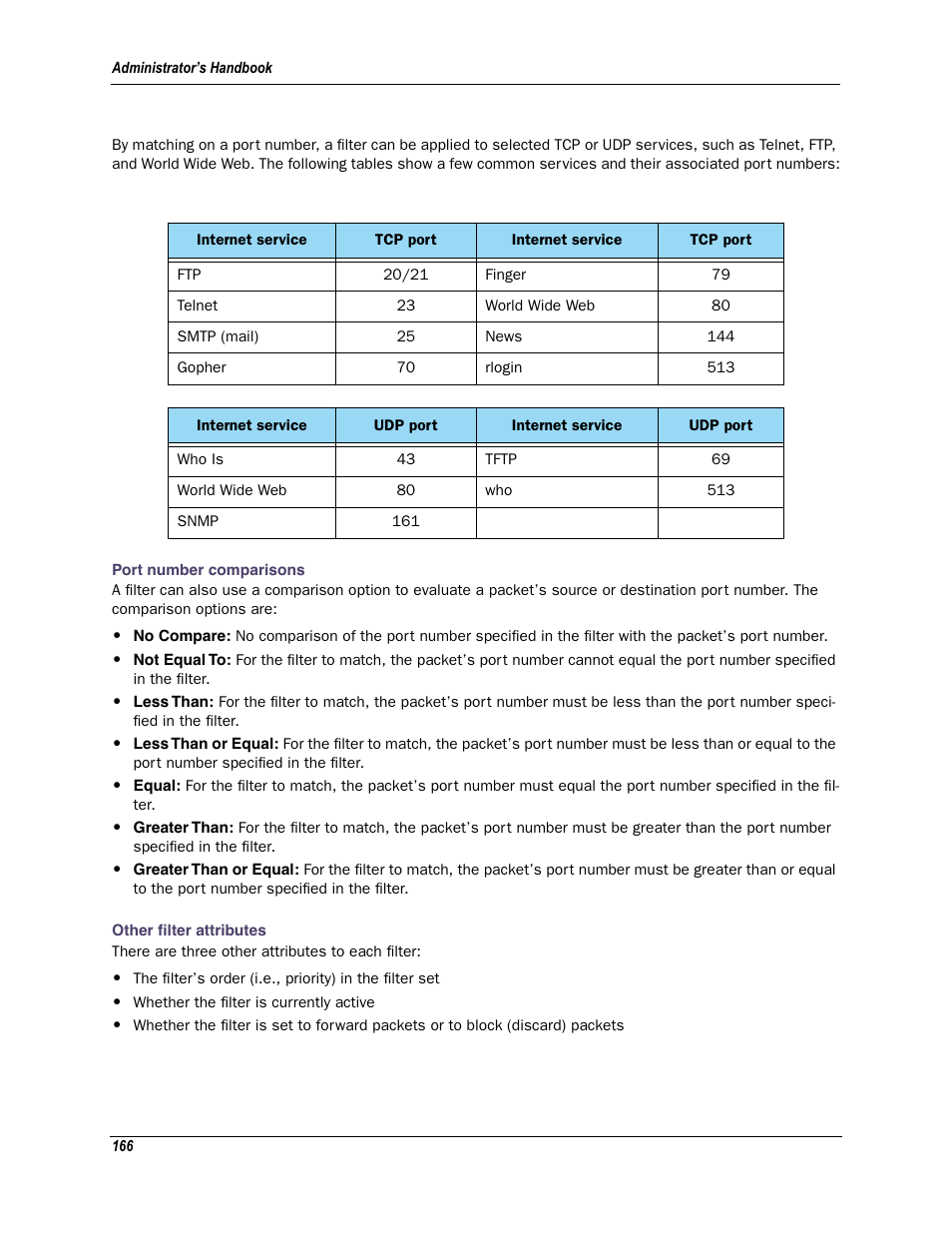 Port number comparisons other filter attributes | Motorola Netopia 3342N User Manual | Page 166 / 368