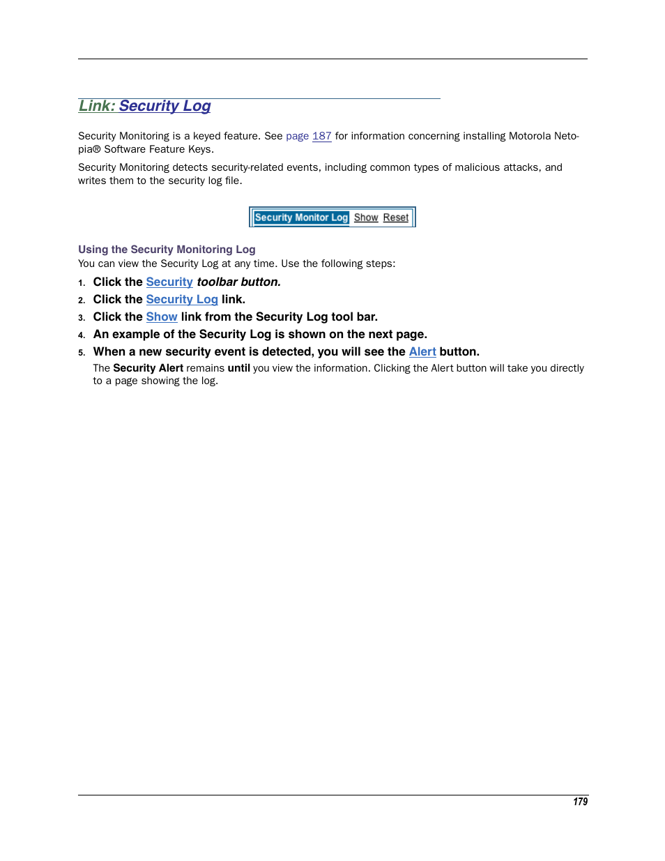 Link: security log, Security log, Using the security monitoring log | Motorola Netopia 3342N User Manual | Page 179 / 368