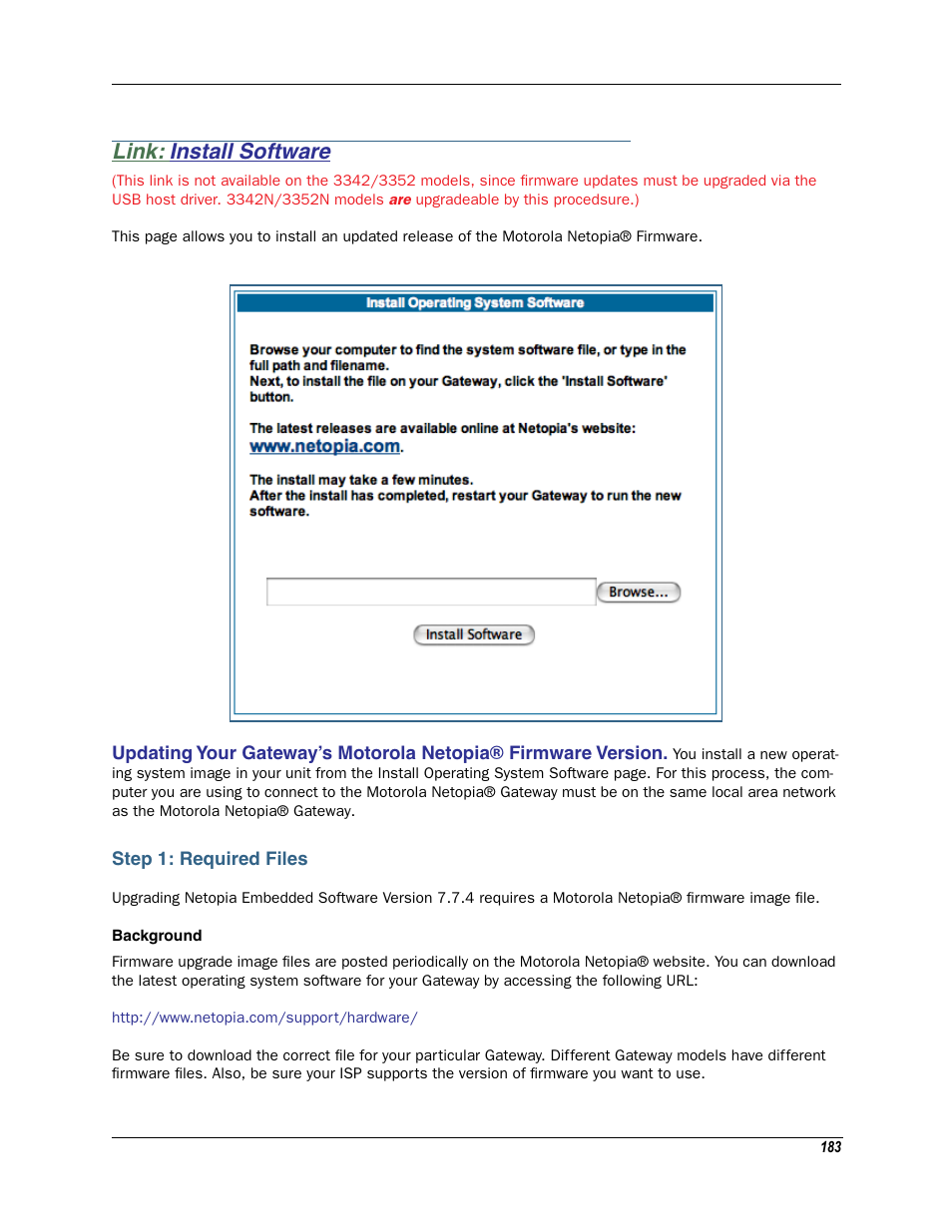 Link: install software, Step 1: required files, Install software | Motorola Netopia 3342N User Manual | Page 183 / 368