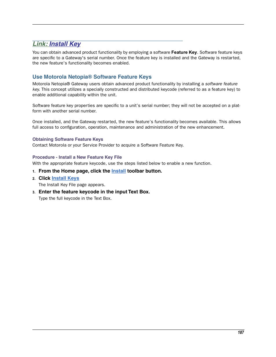 Link: install key, Use motorola netopia® software feature keys, Install key | Motorola Netopia 3342N User Manual | Page 187 / 368