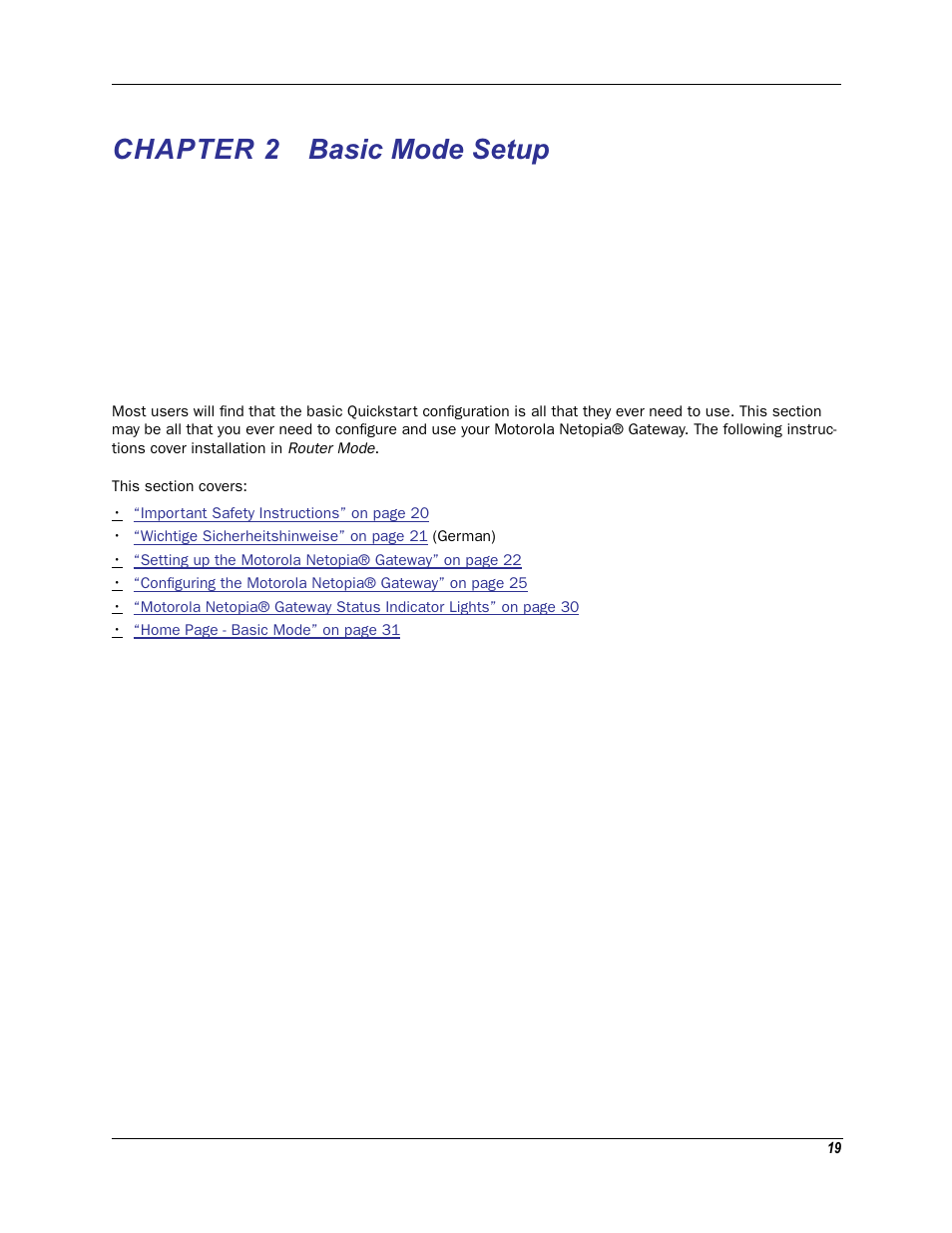 Chapter 2 basic mode setup, Chapter 2, Basic | Basic mode setup | Motorola Netopia 3342N User Manual | Page 19 / 368