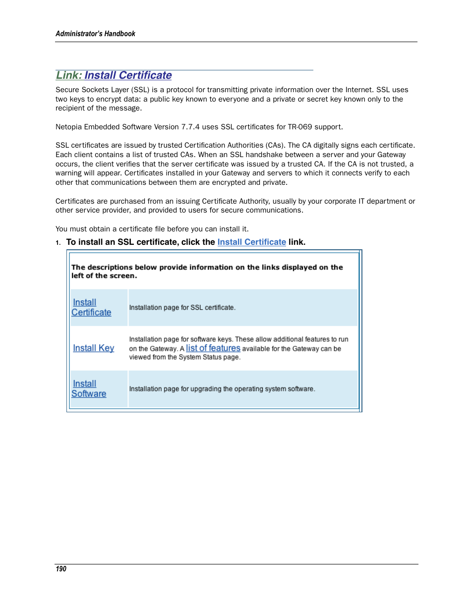 Link: install certificate, Install certificate, Install cer tificate | Link: install certiﬁcate | Motorola Netopia 3342N User Manual | Page 190 / 368