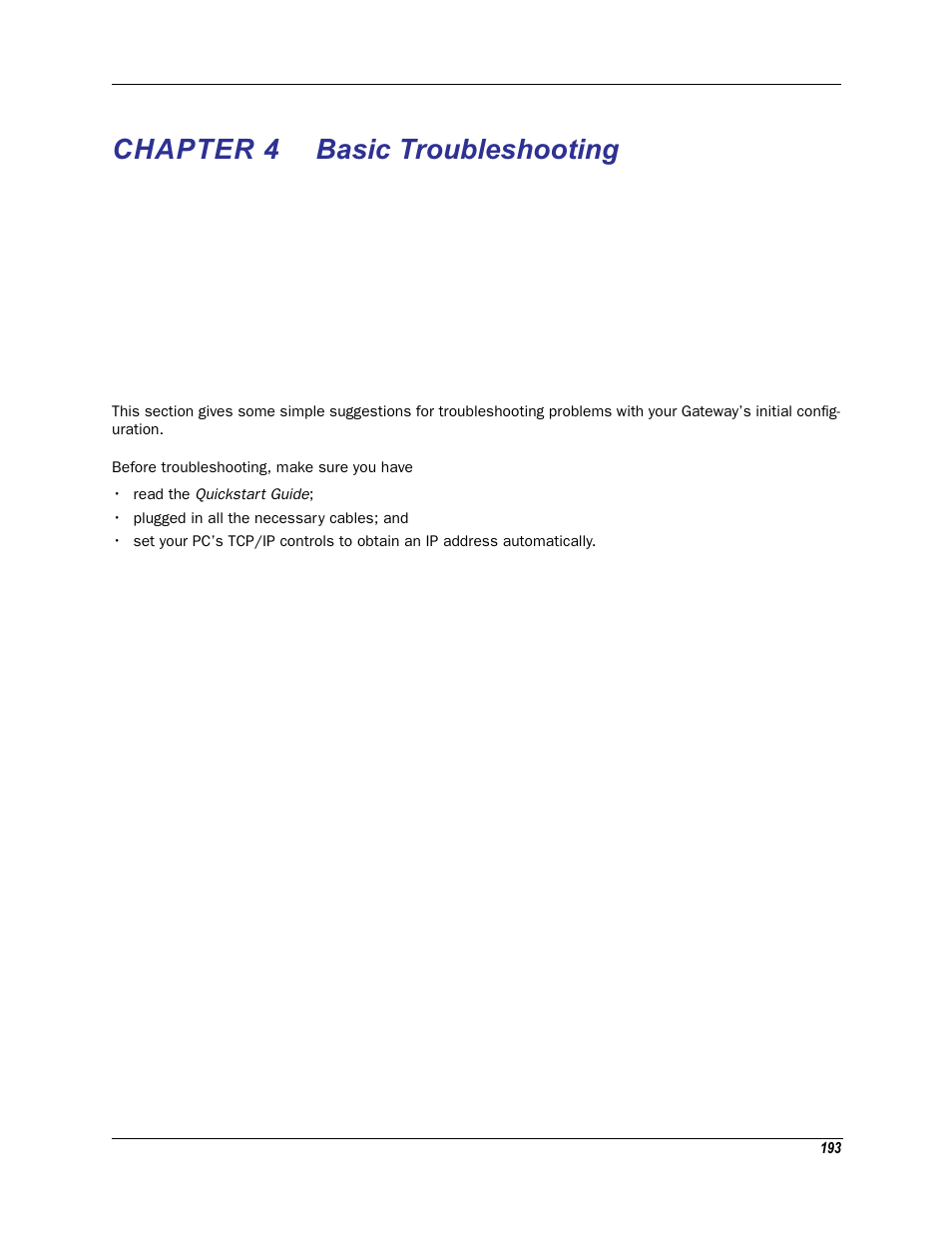 Chapter 4 basic troubleshooting, Chapter 4, Basic troubleshooting | Motorola Netopia 3342N User Manual | Page 193 / 368