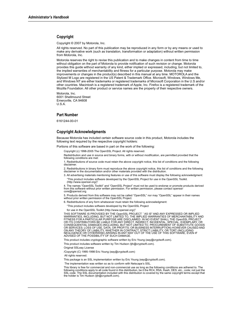 Copyright, Part number, Copyright acknowledgments | Motorola Netopia 3342N User Manual | Page 2 / 368