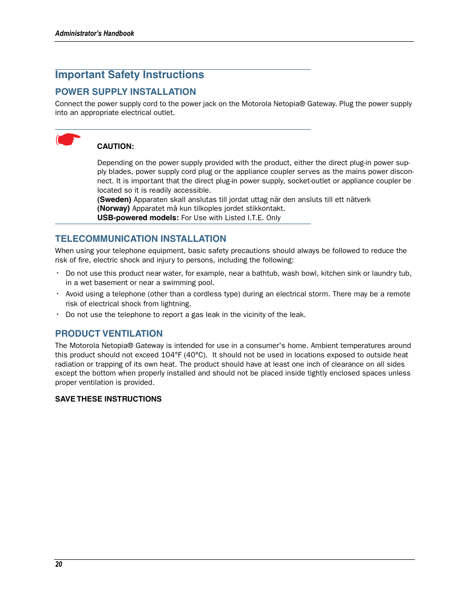 Important safety instructions, Power supply installation, Telecommunication installation | Product ventilation | Motorola Netopia 3342N User Manual | Page 20 / 368