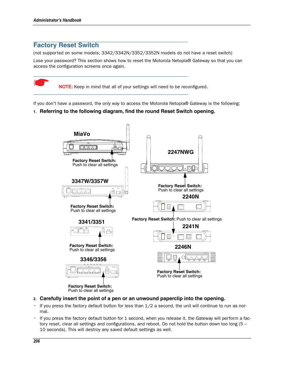 Factory reset switch, Miavo, Administrator’s handbook 206 | Push to clear all settings | Motorola Netopia 3342N User Manual | Page 206 / 368