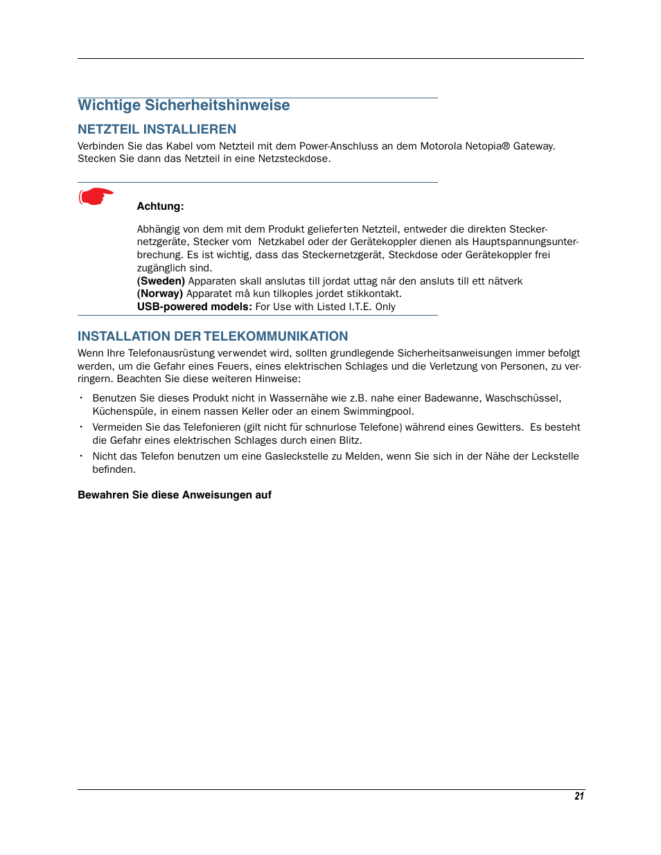 Wichtige sicherheitshinweise, Netzteil installieren, Installation der telekommunikation | Motorola Netopia 3342N User Manual | Page 21 / 368