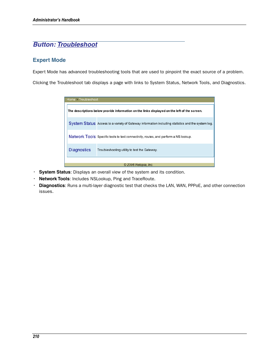 Button: troubleshoot, Expert mode, Troubleshoot | Motorola Netopia 3342N User Manual | Page 210 / 368