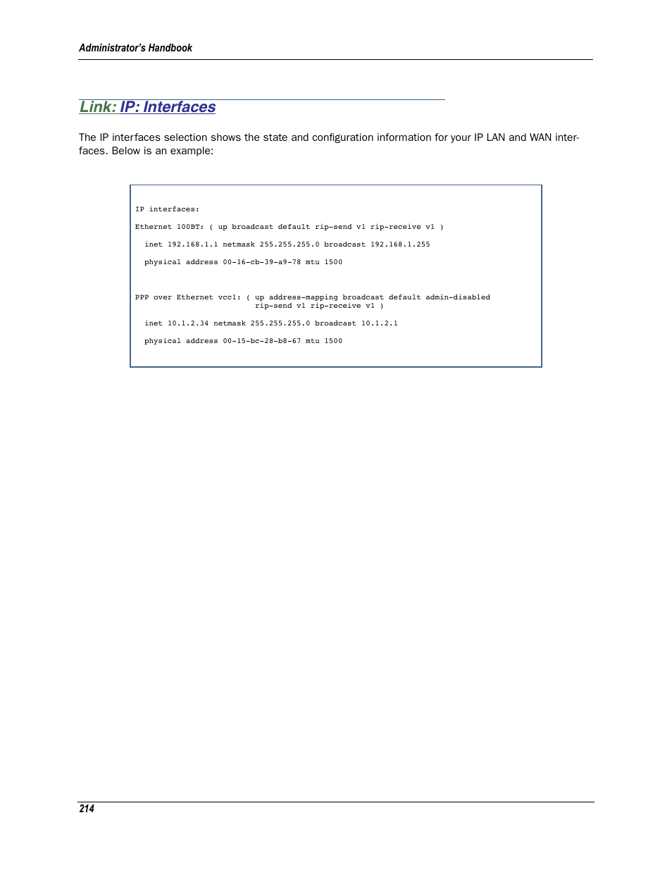 Link: ip: interfaces, Ip: interfaces | Motorola Netopia 3342N User Manual | Page 214 / 368