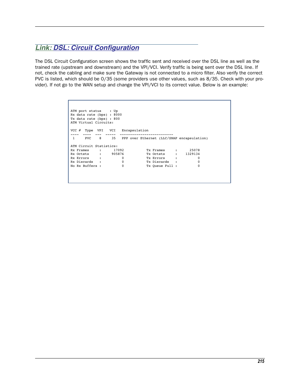 Link: dsl: circuit configuration, Dsl: circuit configuration, Link: dsl: circuit conﬁguration | Motorola Netopia 3342N User Manual | Page 215 / 368