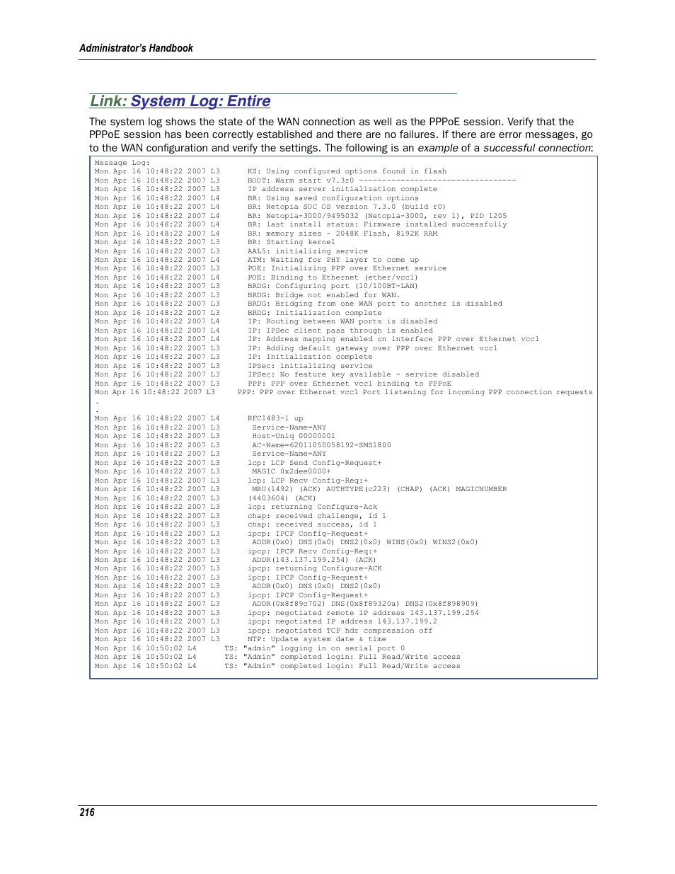 Link: system log: entire, System log: entire | Motorola Netopia 3342N User Manual | Page 216 / 368