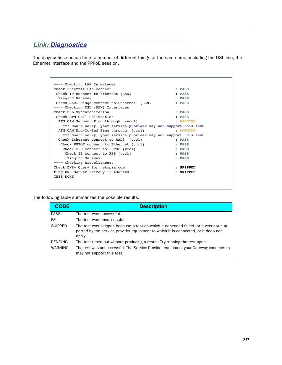 Link: diagnostics, Diagnostics, Code description | Motorola Netopia 3342N User Manual | Page 217 / 368