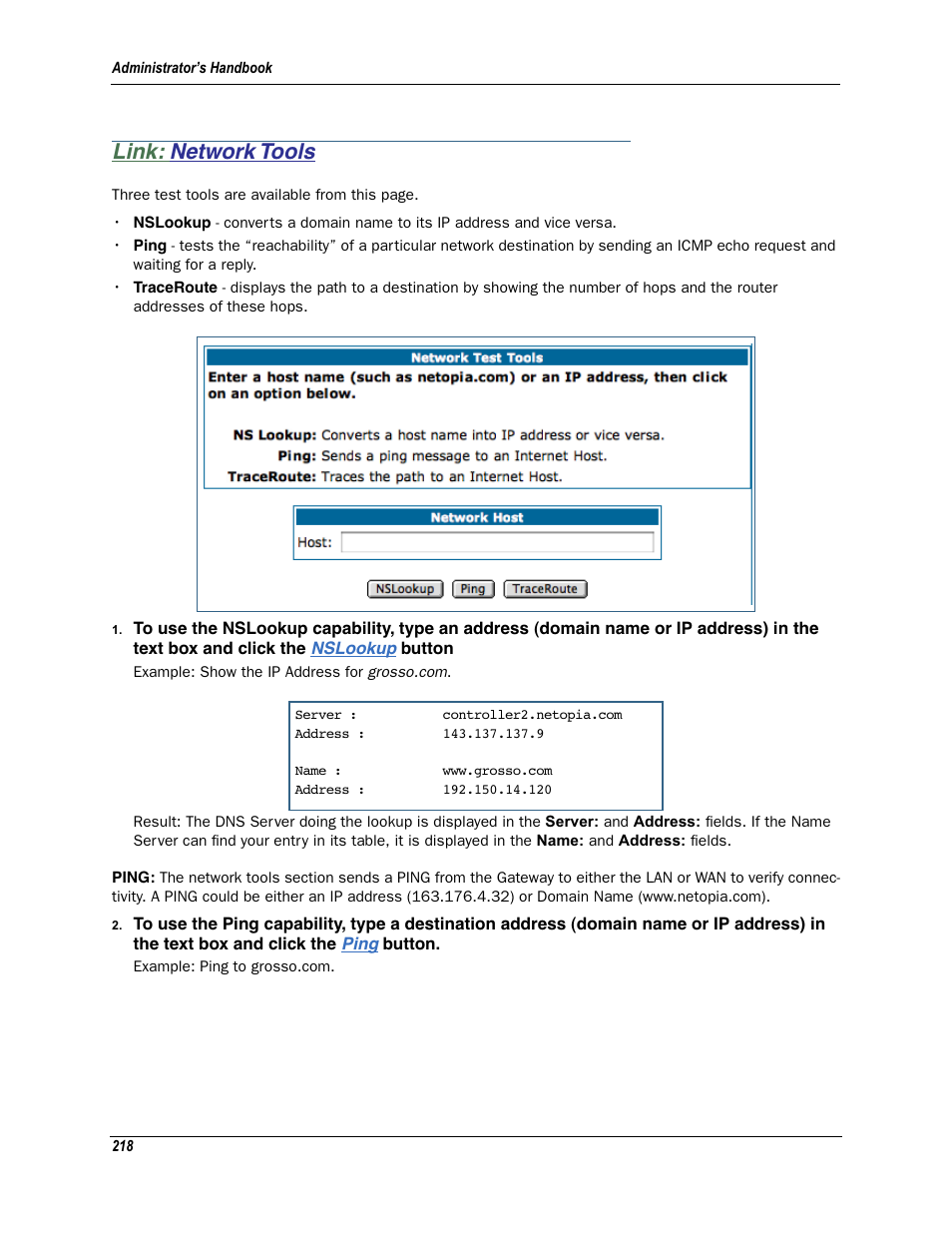 Link: network tools, Network tools | Motorola Netopia 3342N User Manual | Page 218 / 368