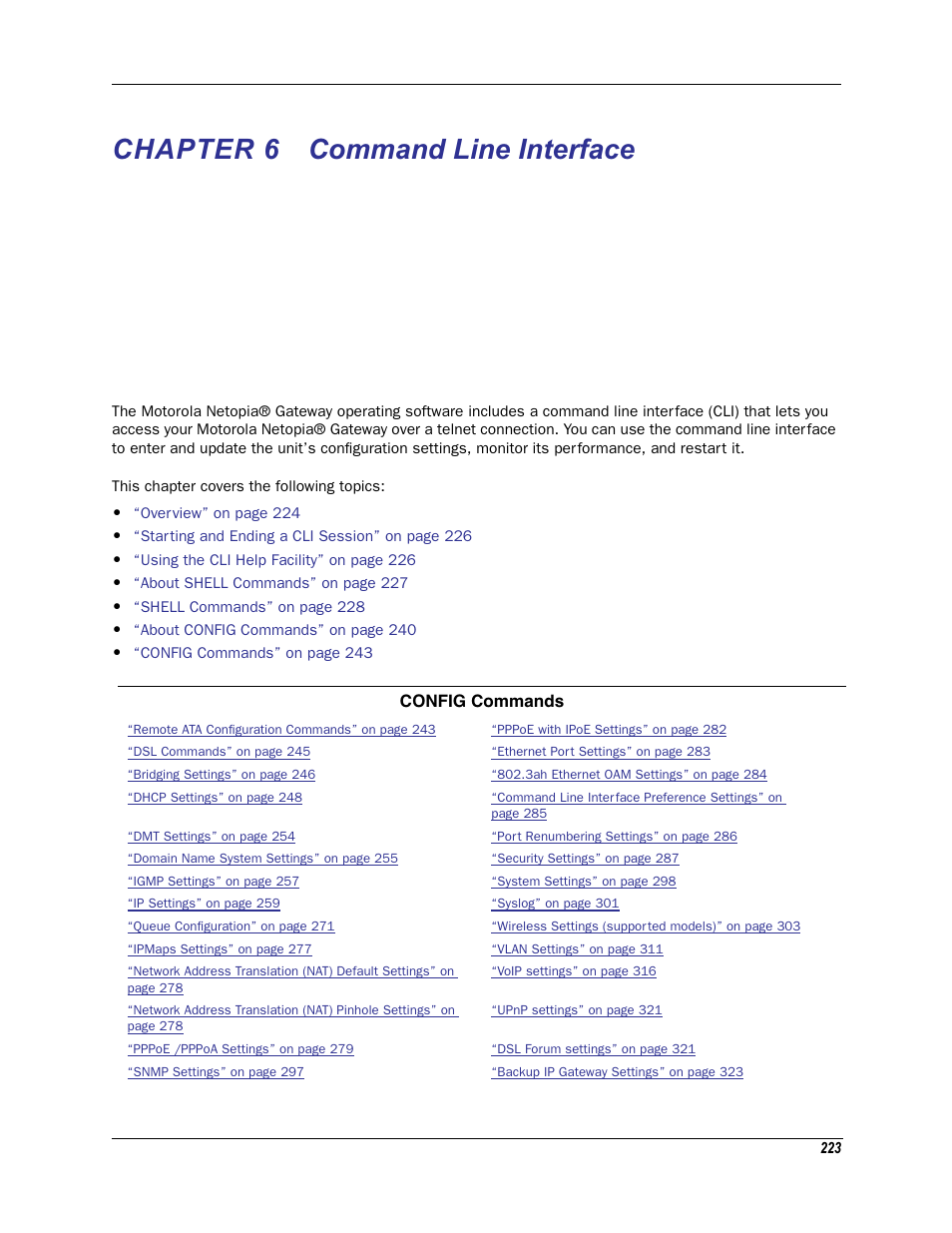 Chapter 6 command line interface, Chapter 6, Command | Command line, Command line interface | Motorola Netopia 3342N User Manual | Page 223 / 368