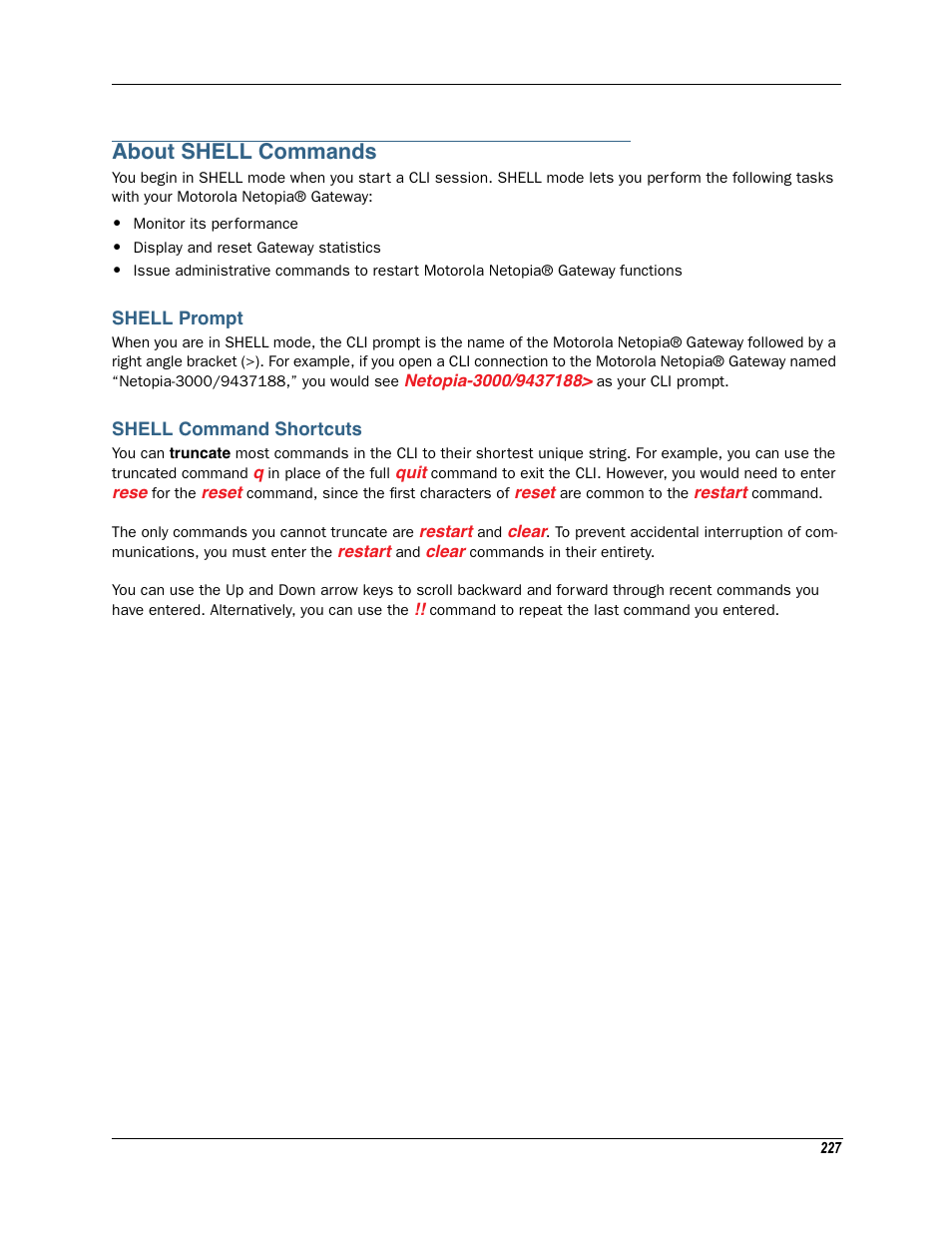 About shell commands, Shell prompt, Shell command shortcuts | Shell prompt shell command shortcuts | Motorola Netopia 3342N User Manual | Page 227 / 368