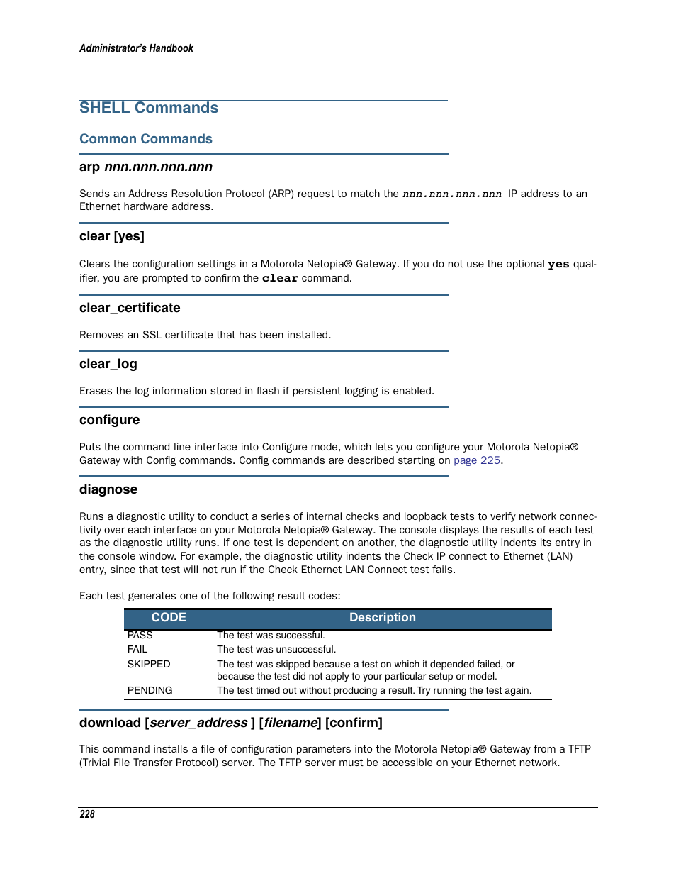 Shell commands, Common commands | Motorola Netopia 3342N User Manual | Page 228 / 368