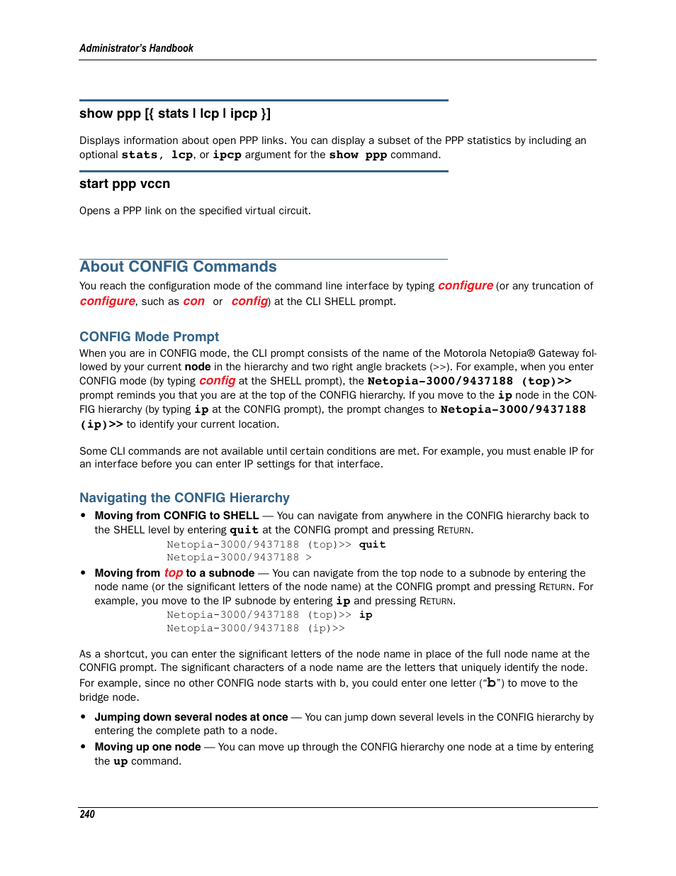 About config commands, Config mode prompt, Navigating the config hierarchy | Config mode prompt navigating the config hierarchy | Motorola Netopia 3342N User Manual | Page 240 / 368