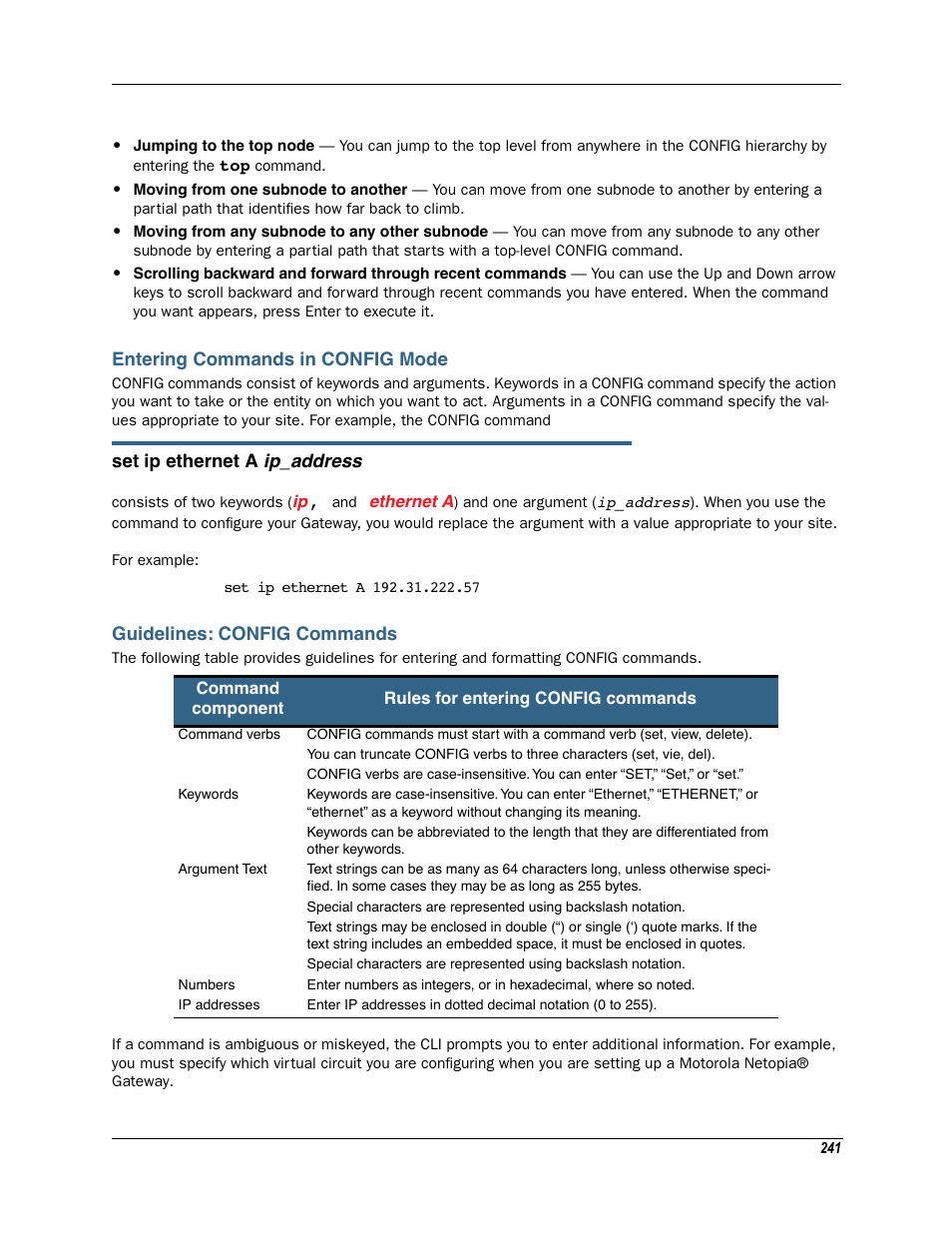 Entering commands in config mode, Guidelines: config commands | Motorola Netopia 3342N User Manual | Page 241 / 368