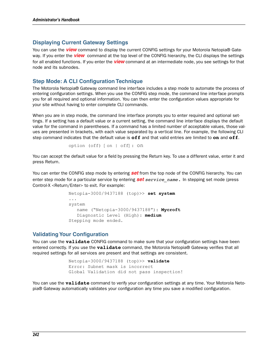 Displaying current gateway settings, Step mode: a cli configuration technique, Validating your configuration | Motorola Netopia 3342N User Manual | Page 242 / 368