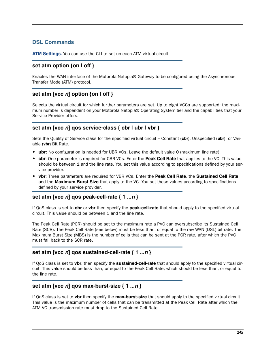 Dsl commands, Atm settings | Motorola Netopia 3342N User Manual | Page 245 / 368