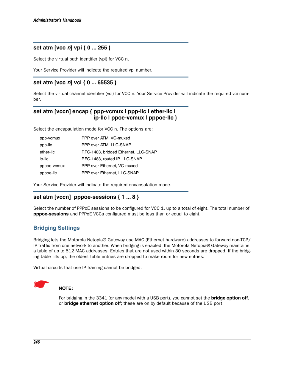 Bridging settings | Motorola Netopia 3342N User Manual | Page 246 / 368