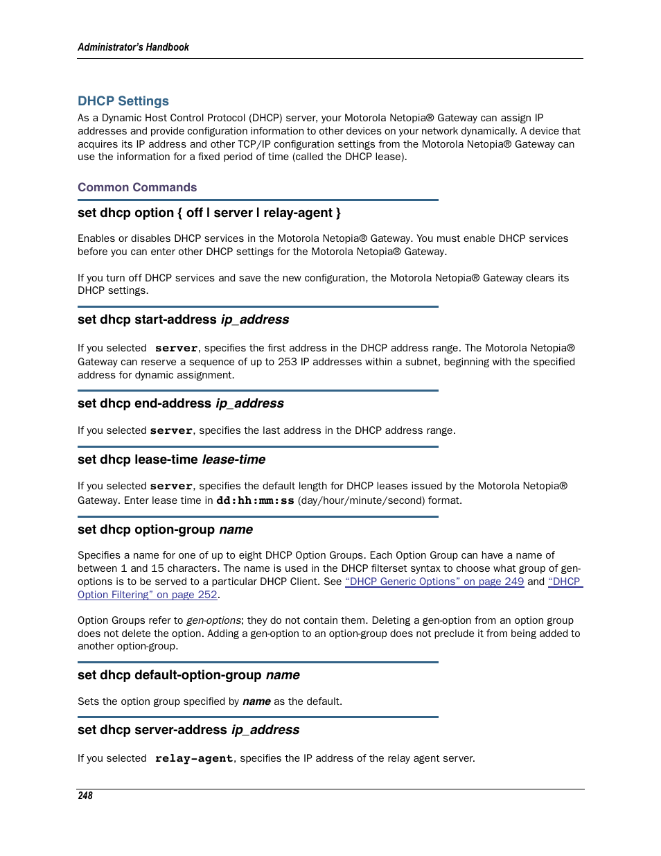 Dhcp settings, Common commands | Motorola Netopia 3342N User Manual | Page 248 / 368