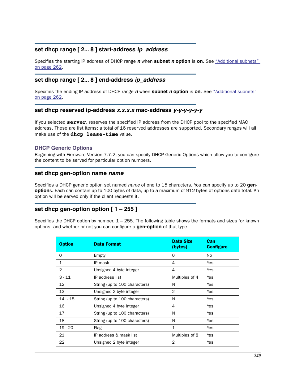 Dhcp generic options, Ip_address, X.x.x.x | Y-y-y-y-y-y, Name | Motorola Netopia 3342N User Manual | Page 249 / 368
