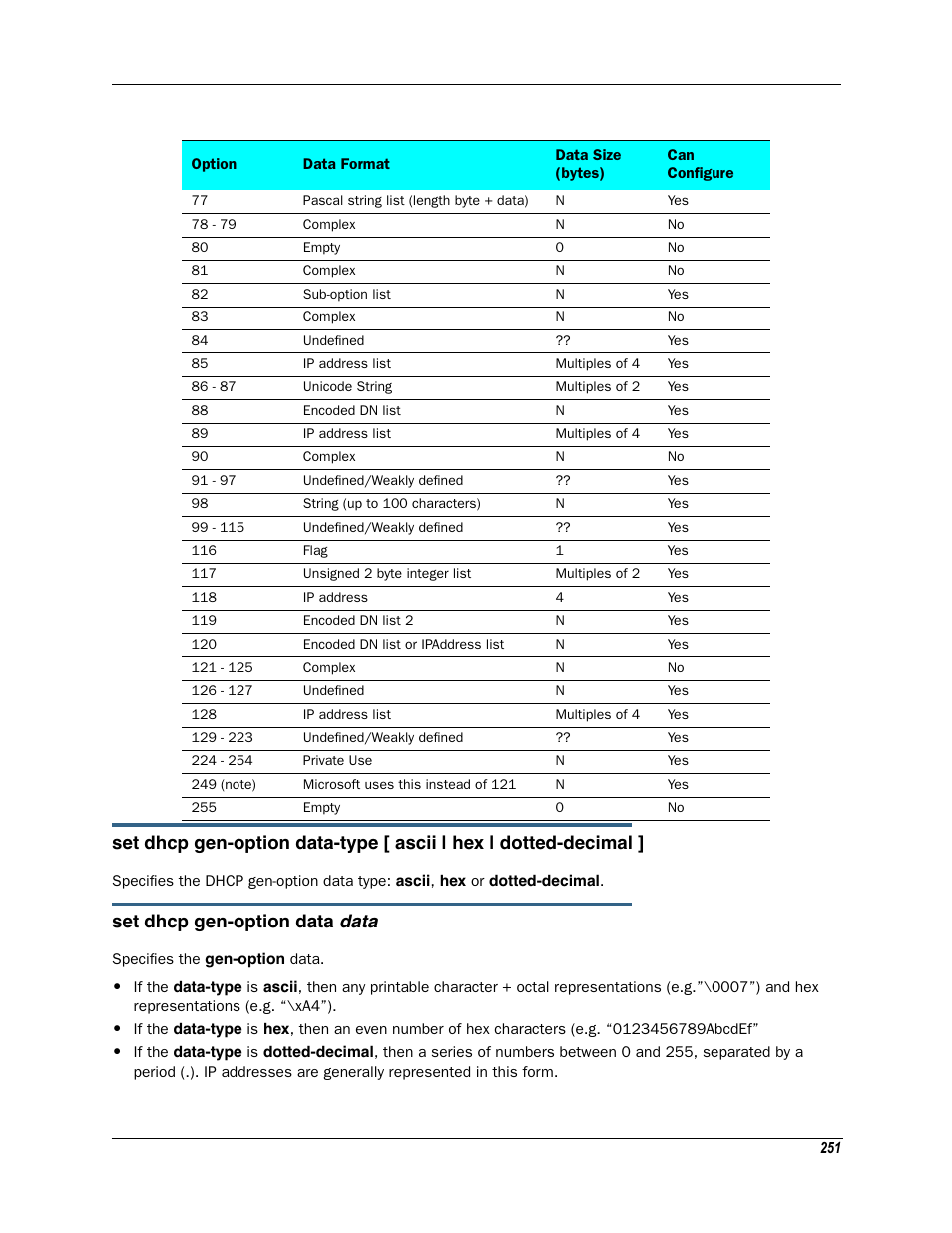 Data, Set dhcp gen-option data | Motorola Netopia 3342N User Manual | Page 251 / 368