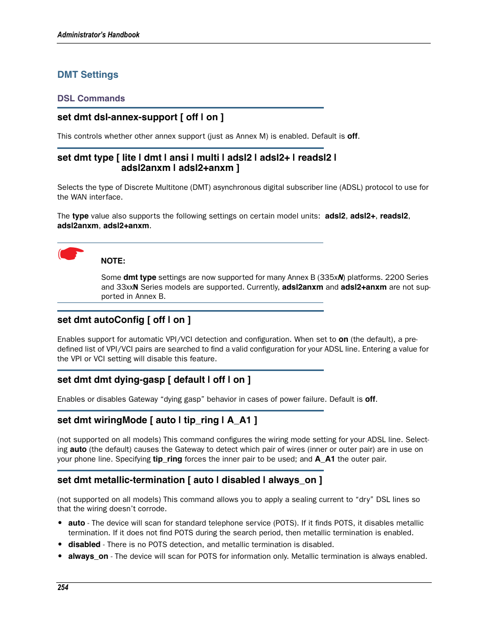Dmt settings, Dsl commands | Motorola Netopia 3342N User Manual | Page 254 / 368