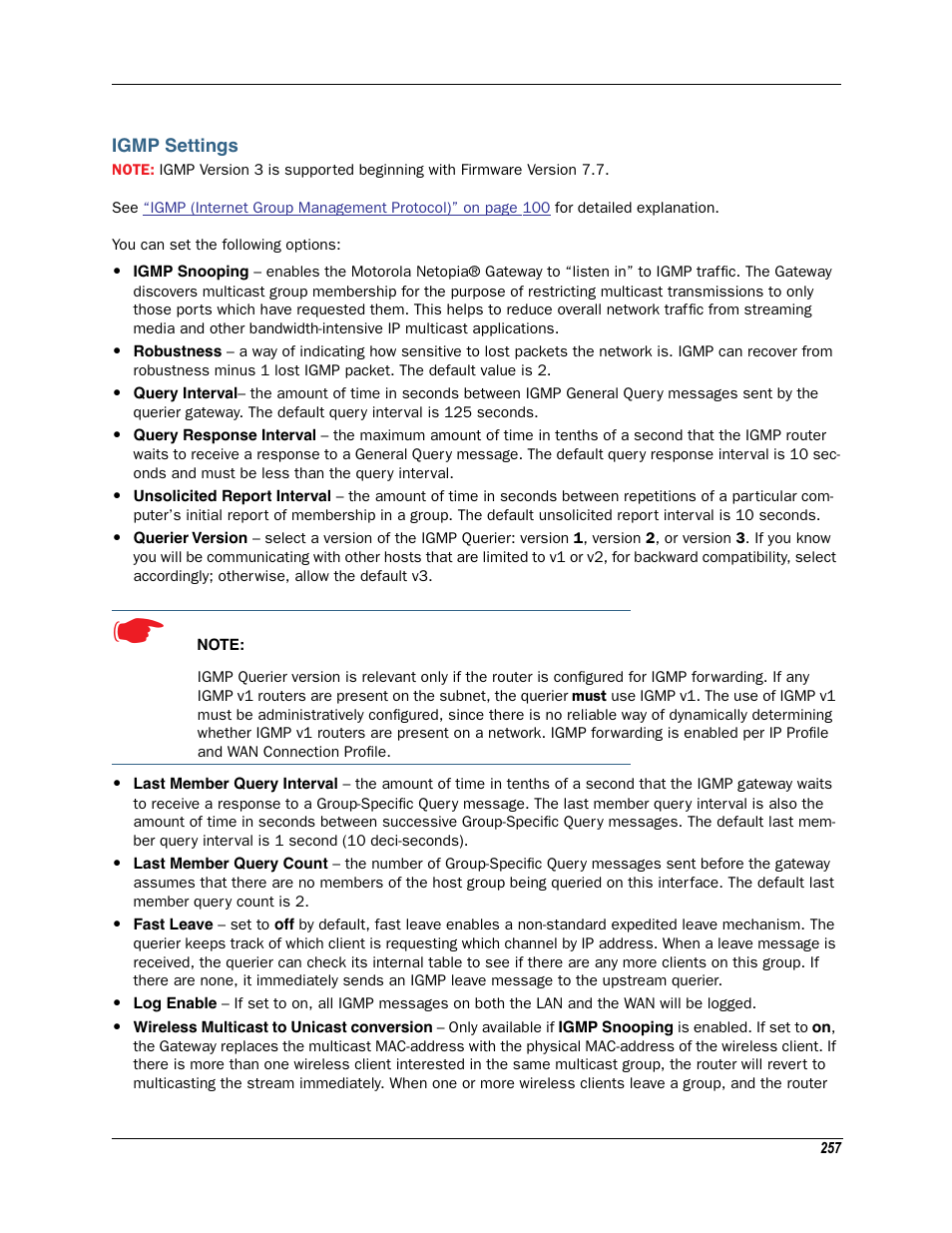 Igmp settings, Ip multicast to layer 2 unicast mapping. see | Motorola Netopia 3342N User Manual | Page 257 / 368