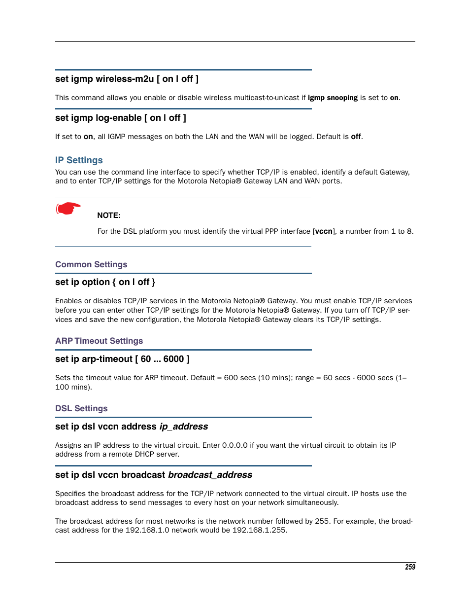 Ip settings, Common settings arp timeout settings dsl settings | Motorola Netopia 3342N User Manual | Page 259 / 368