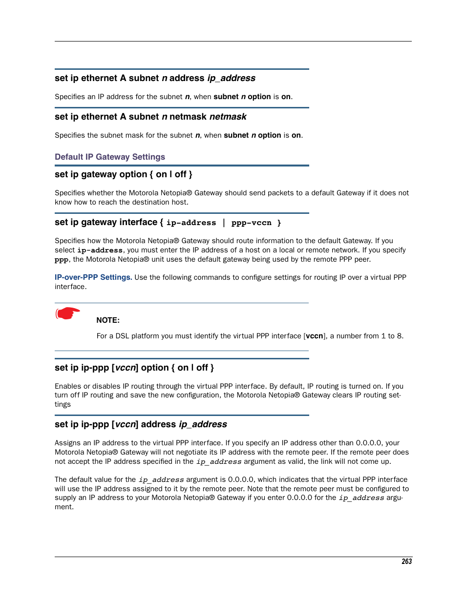 Default ip gateway settings ip-over-ppp settings | Motorola Netopia 3342N User Manual | Page 263 / 368