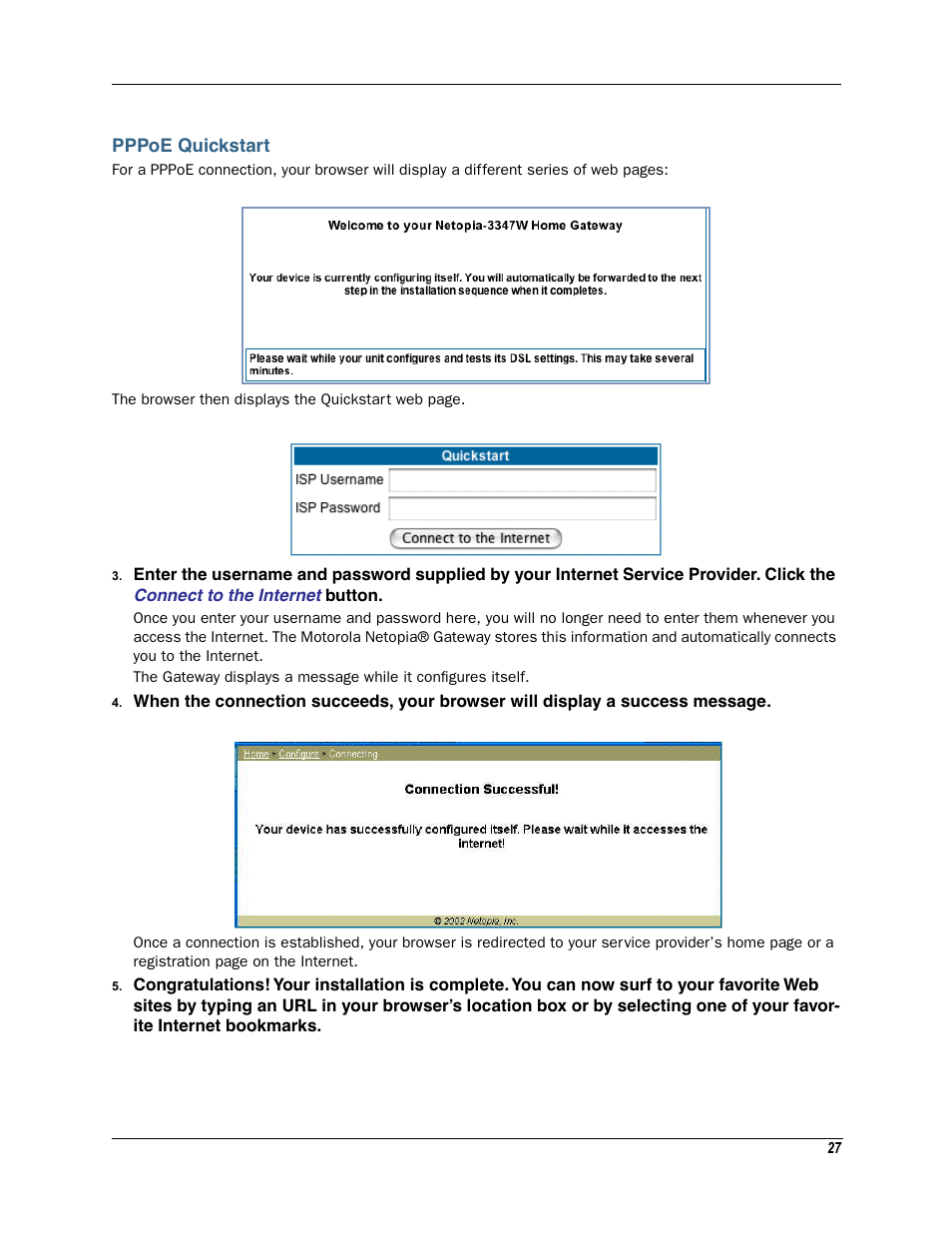 Pppoe quickstart | Motorola Netopia 3342N User Manual | Page 27 / 368