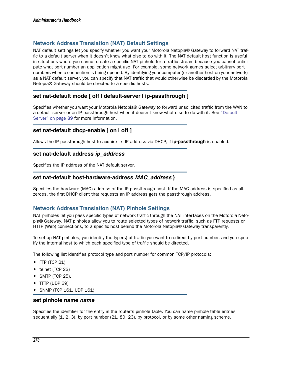 Network address translation (nat) default settings, Network address translation (nat) pinhole settings | Motorola Netopia 3342N User Manual | Page 278 / 368