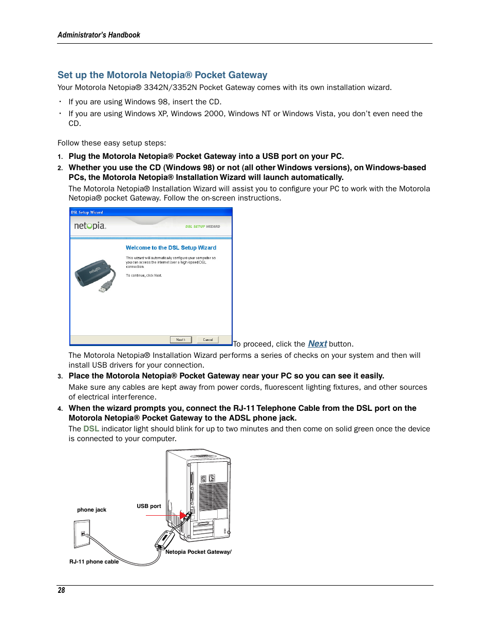 Set up the motorola netopia® pocket gateway | Motorola Netopia 3342N User Manual | Page 28 / 368