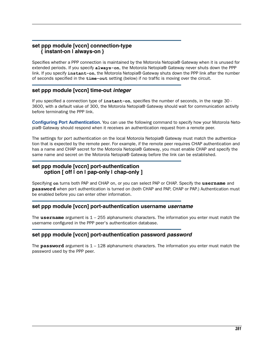 Configuring port authentication | Motorola Netopia 3342N User Manual | Page 281 / 368