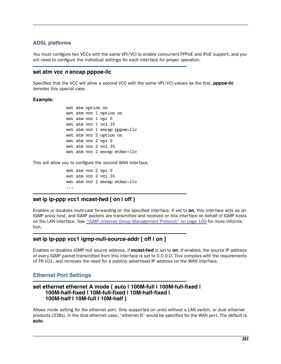 Ethernet port settings, Adsl platforms | Motorola Netopia 3342N User Manual | Page 283 / 368