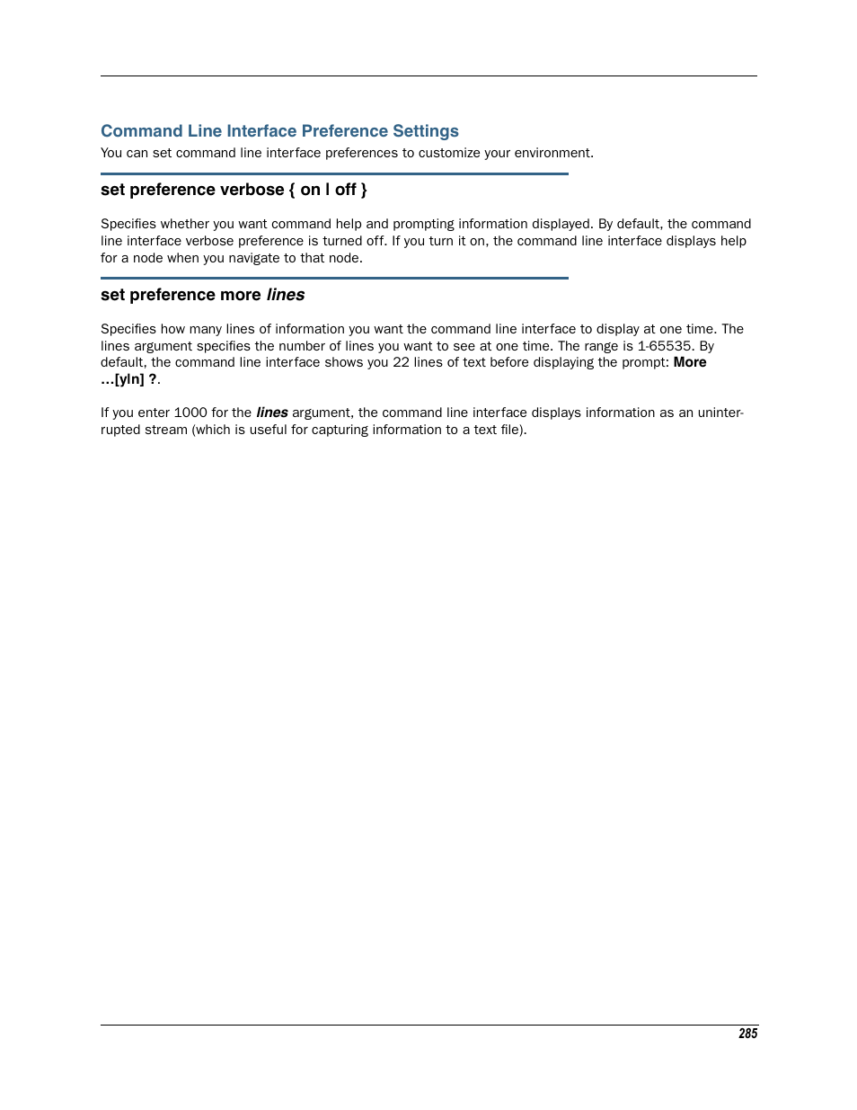 Command line interface preference settings | Motorola Netopia 3342N User Manual | Page 285 / 368